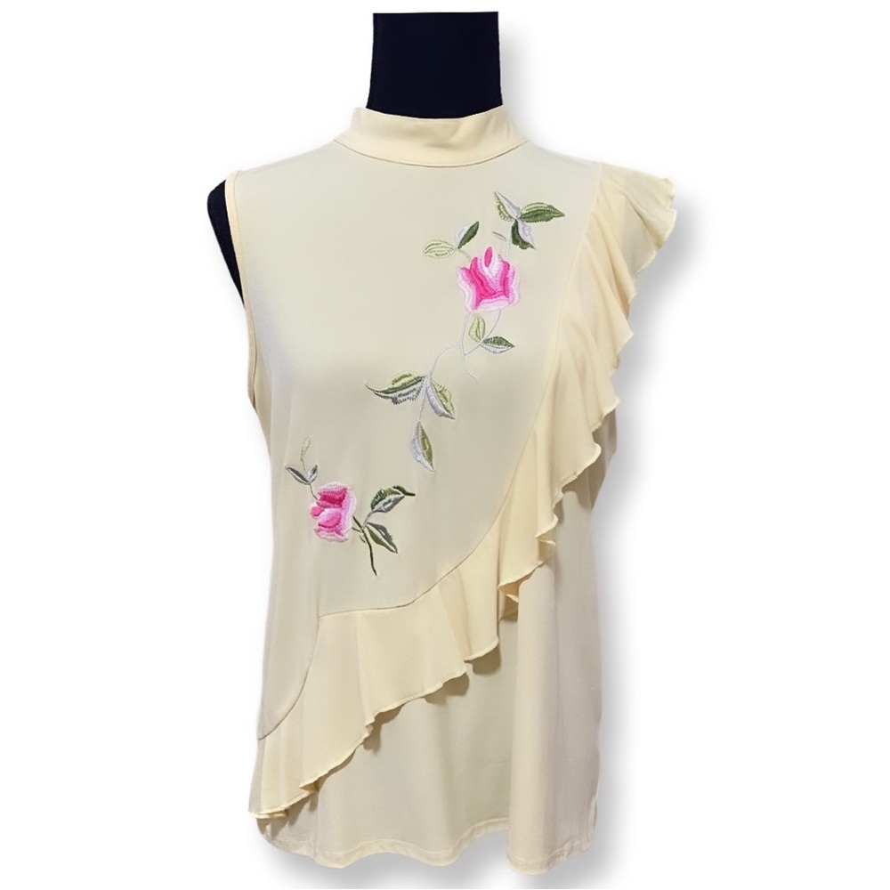 Premise Cream Sleeveless Ruffled Blouse with Pink Floral Embroidery